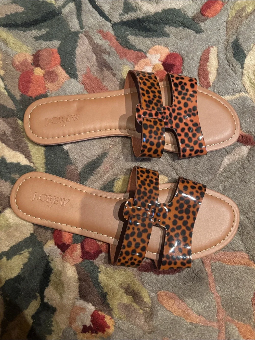 J. Crew Leopard-Print Patent Slide Sandals - Tan and Black